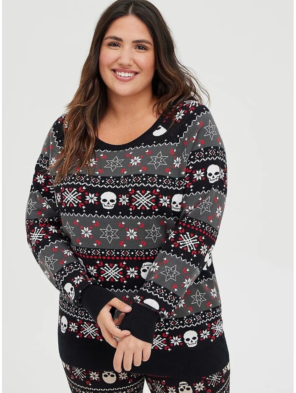 Torrid Women’s Size 2 (2X) Skull Fair Isle Knit Holiday Sweater Black Red White